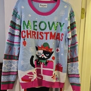 No Boundaries Blue Christmas Cat Sweater